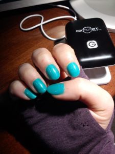 GelMoment's light teal nail polish, named April In Madrid