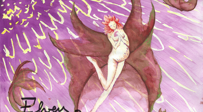 A watercolor painting of a pregnant fairy with leaf wings against a sunflower background